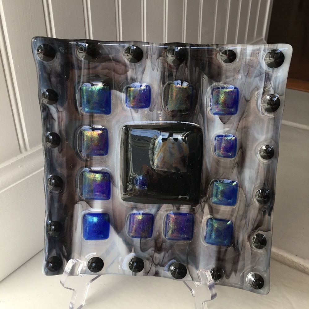 Fused Art Glass Dish/Plate Square w/Textured Iridescent  Accents